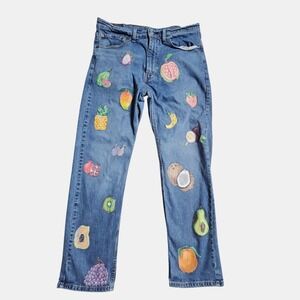 Levi's Womens 505 Regular Fit Jeans Fruits Hand Painted 36x30 Medium Wash Custom